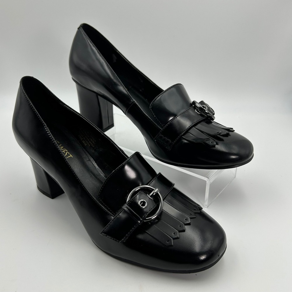 Nine West Kiltie Loafer Pumps Womens 8M Black Leather Buckle Block Heel Preppy
